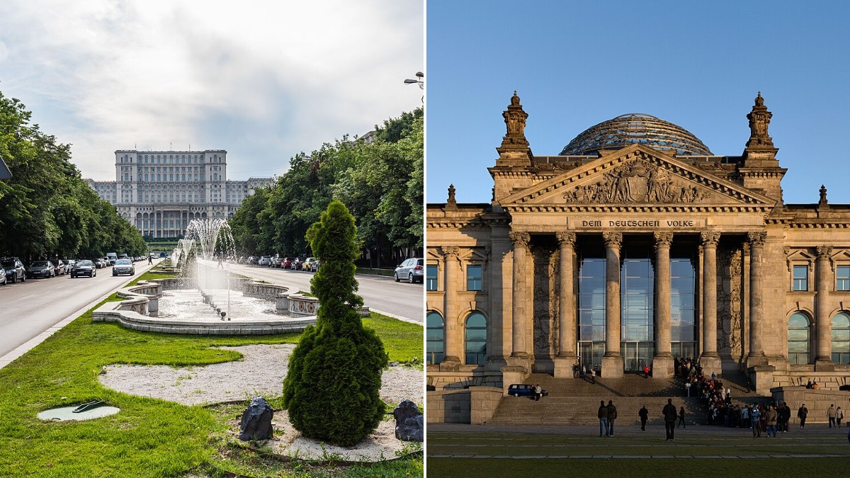 Palatul Parlamentului din București și clădirea Reichstag din Berlin, alăturate